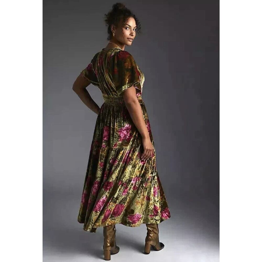 by Anthropologie The Somerset Maxi in Green Floral Velvet Edition Dress Sz XL - Picture 3 of 10